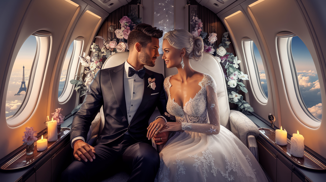 a romantic couple exchange their vows of love on a play flight to paris, the city of lights. discover this magical moment that combines travel and celebration.
